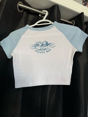 Cropped Fitted White & Baby Blue Raglan Angel Tee with 'Heaven Sent' Graphic